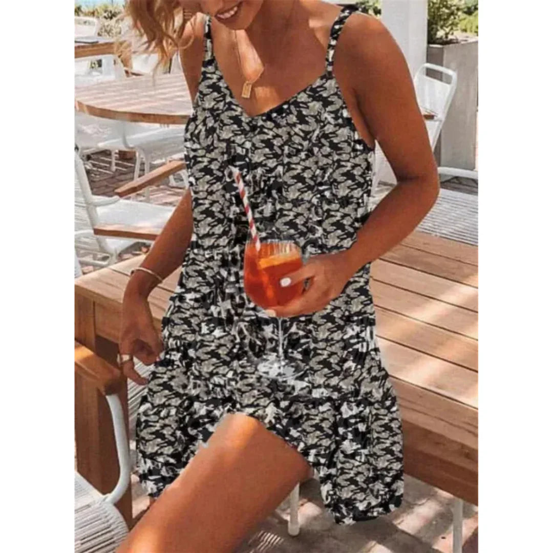 Women’s Mini Dress – Relaxed Fit – V-Neck – Spaghetti Straps – Flared Hem – Breathable Blend