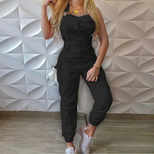 Women’s Cargo Jumpsuit – Tailored Fit – Sleeveless – Belted Waist – Tapered Leg