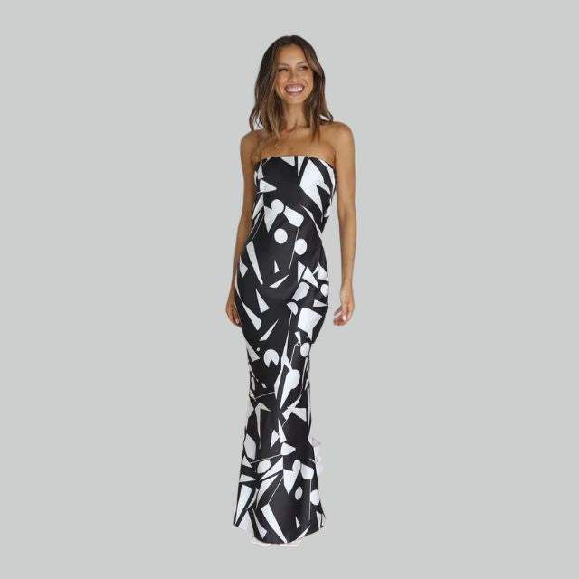 Women's Strapless Maxi Dress - Geometric Pattern - Elegant Fitted Silhouette