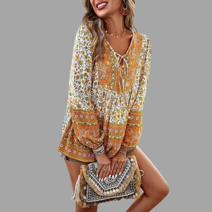 Women's Bohemian Blouse - Long Sleeve - V-Neck with Tie - Flowy Relaxed Fit