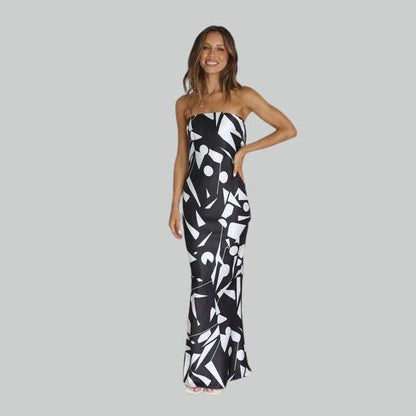 Women's Strapless Maxi Dress - Geometric Pattern - Elegant Fitted Silhouette