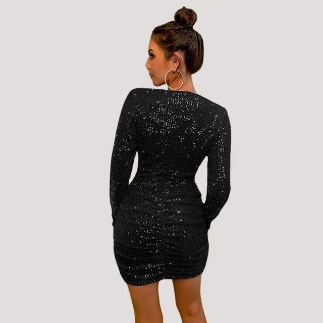 Women's Sequin Mini Dress - V-Neck - Long Sleeve Bodycon Party Wear