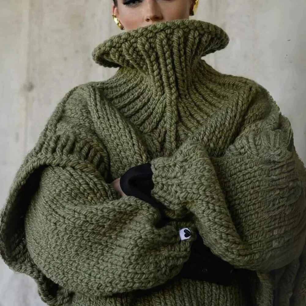 Women’s Turtleneck Sweater – Oversized Fit – Chunky Wool Knit – Ribbed Detailing