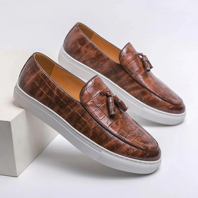 Men’s Leather Loafers – Slip-On – Crocodile Embossed – Tassel Detail – Dress Shoe