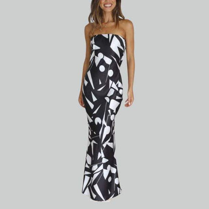 Women's Strapless Maxi Dress - Geometric Pattern - Elegant Fitted Silhouette