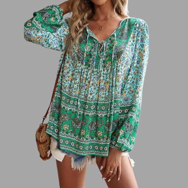 Women's Bohemian Blouse - Long Sleeve - V-Neck with Tie - Flowy Relaxed Fit