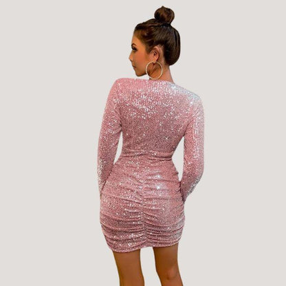 Women's Sequin Mini Dress - V-Neck - Long Sleeve Bodycon Party Wear