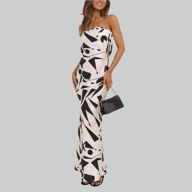 Women's Strapless Maxi Dress - Geometric Pattern - Elegant Fitted Silhouette