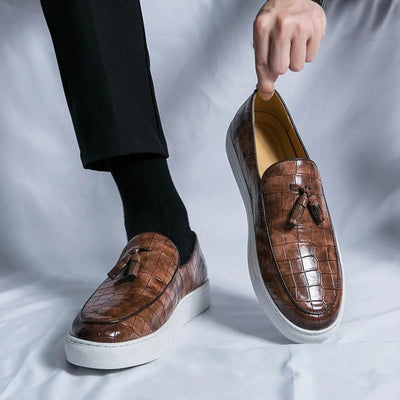Men’s Leather Loafers – Slip-On – Crocodile Embossed – Tassel Detail – Dress Shoe