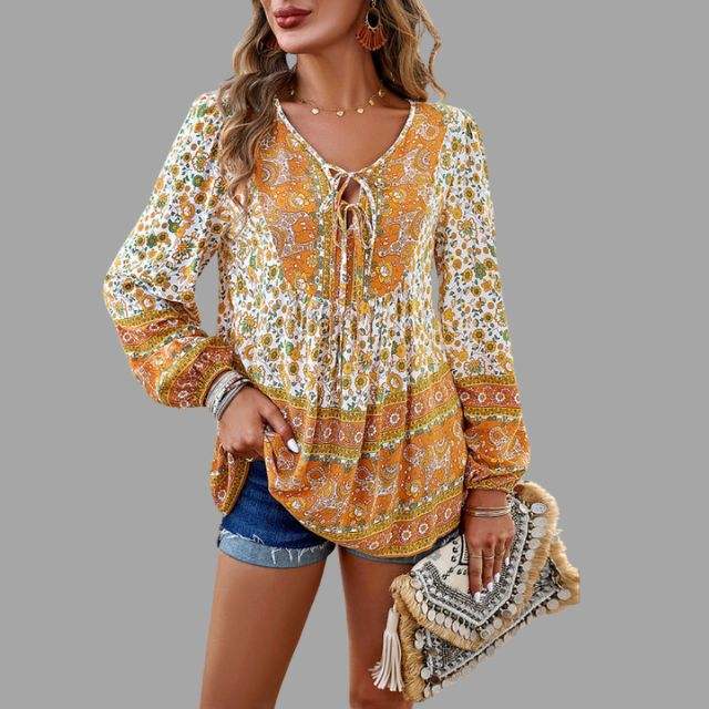 Women's Bohemian Blouse - Long Sleeve - V-Neck with Tie - Flowy Relaxed Fit