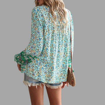 Women's Bohemian Blouse - Long Sleeve - V-Neck with Tie - Flowy Relaxed Fit