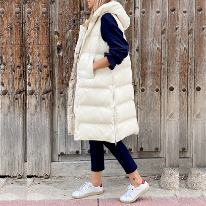 Women’s Hooded Vest – Quilted Longline – Oversized Fit – Sleeveless Padded Outerwear