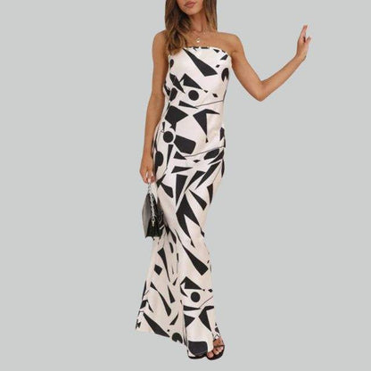 Women's Strapless Maxi Dress - Geometric Pattern - Elegant Fitted Silhouette