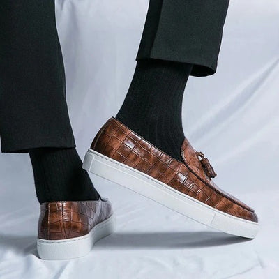 Men’s Leather Loafers – Slip-On – Crocodile Embossed – Tassel Detail – Dress Shoe