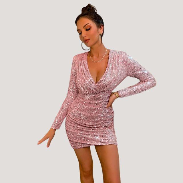 Women's Sequin Mini Dress - V-Neck - Long Sleeve Bodycon Party Wear