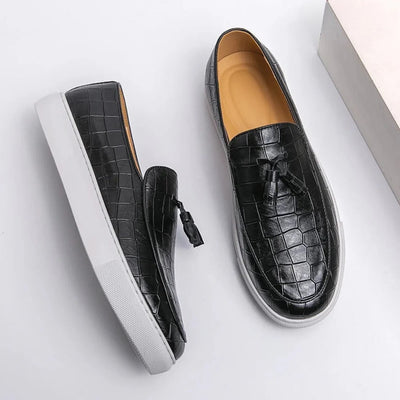 Men’s Leather Loafers – Slip-On – Crocodile Embossed – Tassel Detail – Dress Shoe