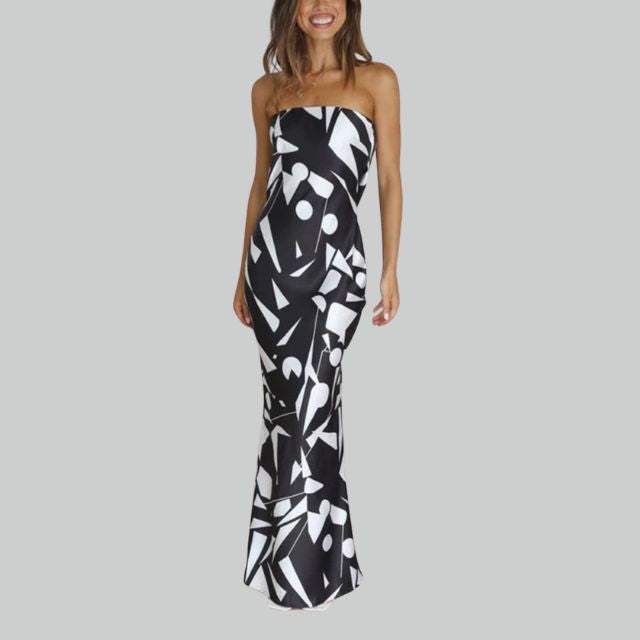 Women's Strapless Maxi Dress - Geometric Pattern - Elegant Fitted Silhouette