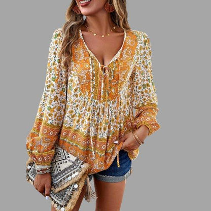 Women's Bohemian Blouse - Long Sleeve - V-Neck with Tie - Flowy Relaxed Fit