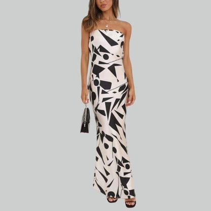 Women's Strapless Maxi Dress - Geometric Pattern - Elegant Fitted Silhouette