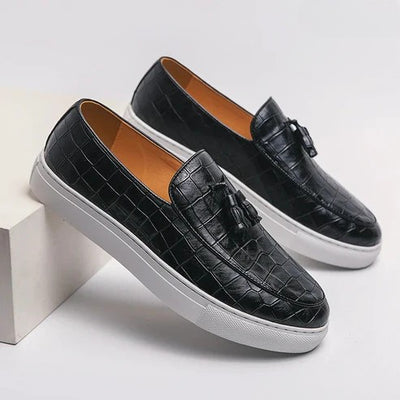 Men’s Leather Loafers – Slip-On – Crocodile Embossed – Tassel Detail – Dress Shoe