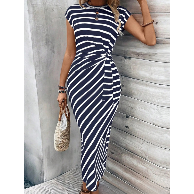 Women's Midi Dress – Striped Round Neck – Tie Waist Bodycon Fit – Casual Summer Style