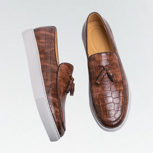 Men’s Leather Loafers – Slip-On – Crocodile Embossed – Tassel Detail – Dress Shoe