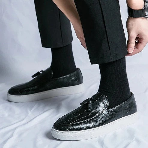 Men’s Leather Loafers – Slip-On – Crocodile Embossed – Tassel Detail – Dress Shoe