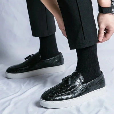 Men’s Leather Loafers – Slip-On – Crocodile Embossed – Tassel Detail – Dress Shoe