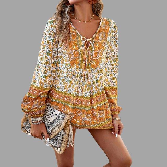 Women's Bohemian Blouse - Long Sleeve - V-Neck with Tie - Flowy Relaxed Fit