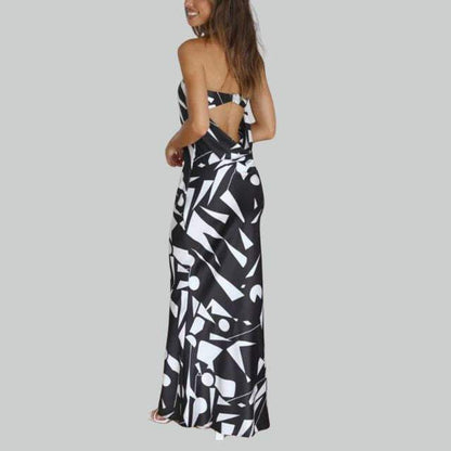 Women's Strapless Maxi Dress - Geometric Pattern - Elegant Fitted Silhouette