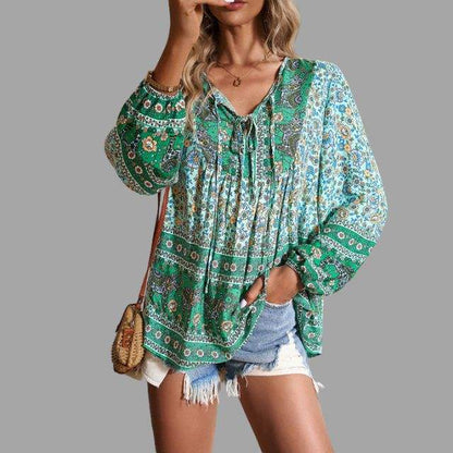 Women's Bohemian Blouse - Long Sleeve - V-Neck with Tie - Flowy Relaxed Fit