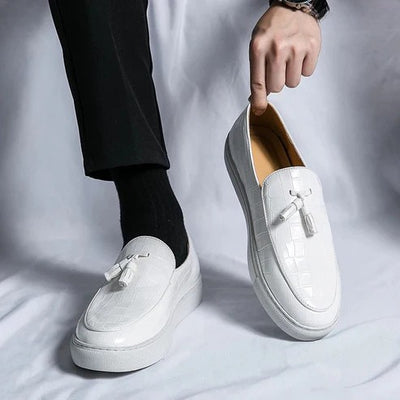 Men’s Leather Loafers – Slip-On – Crocodile Embossed – Tassel Detail – Dress Shoe