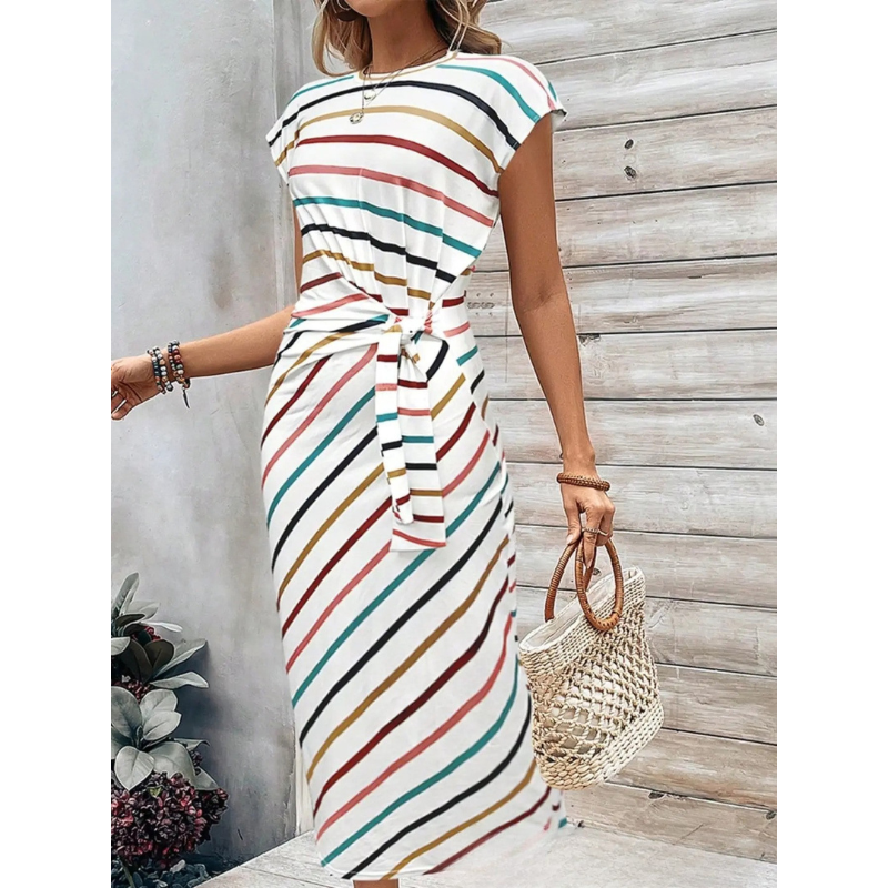 Women's Midi Dress – Striped Round Neck – Tie Waist Bodycon Fit – Casual Summer Style