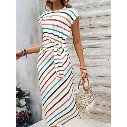 Women's Midi Dress – Striped Round Neck – Tie Waist Bodycon Fit – Casual Summer Style