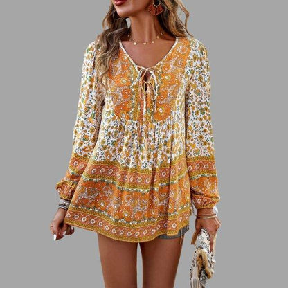 Women's Bohemian Blouse - Long Sleeve - V-Neck with Tie - Flowy Relaxed Fit