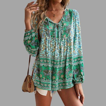 Women's Bohemian Blouse - Long Sleeve - V-Neck with Tie - Flowy Relaxed Fit