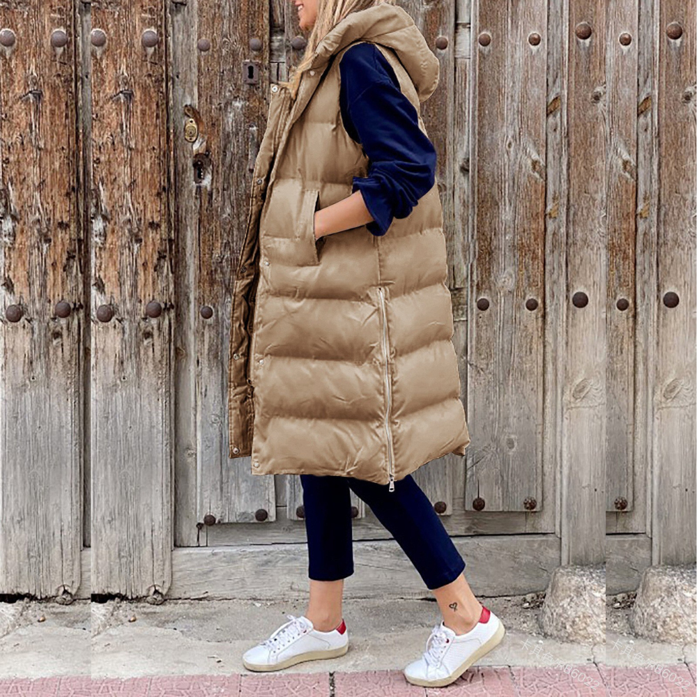 Women’s Hooded Vest – Quilted Longline – Oversized Fit – Sleeveless Padded Outerwear