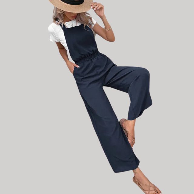 Womens wide-leg jumpsuit with elastic waist and side pockets