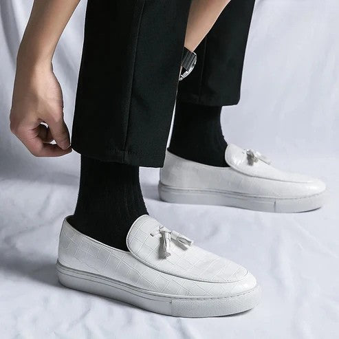 Men’s Leather Loafers – Slip-On – Crocodile Embossed – Tassel Detail – Dress Shoe