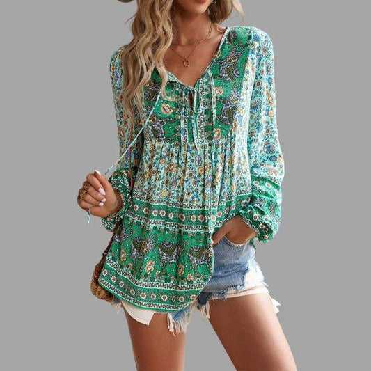 Women's Bohemian Blouse - Long Sleeve - V-Neck with Tie - Flowy Relaxed Fit