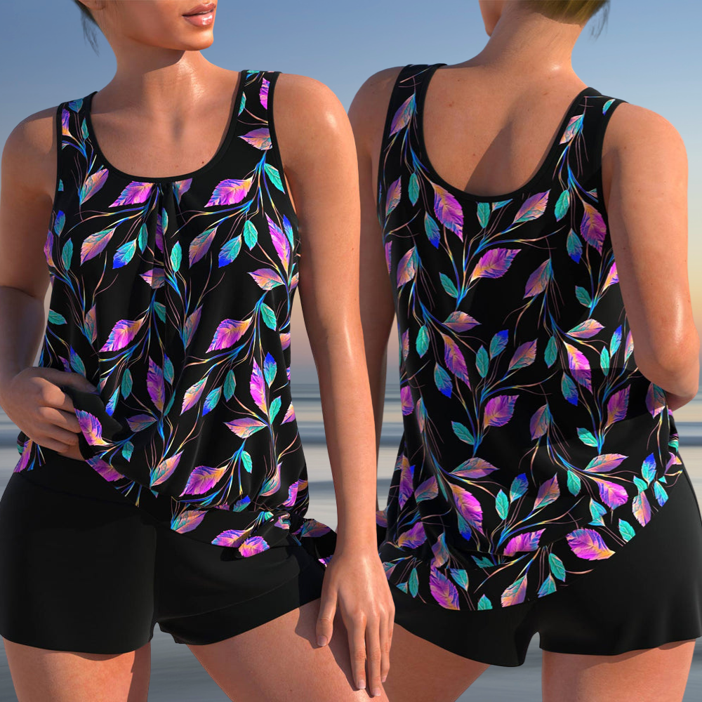 Women’s Tankini Set – Relaxed Fit – Scoop Neck – Leaf Print – Flowy Breathable Blend