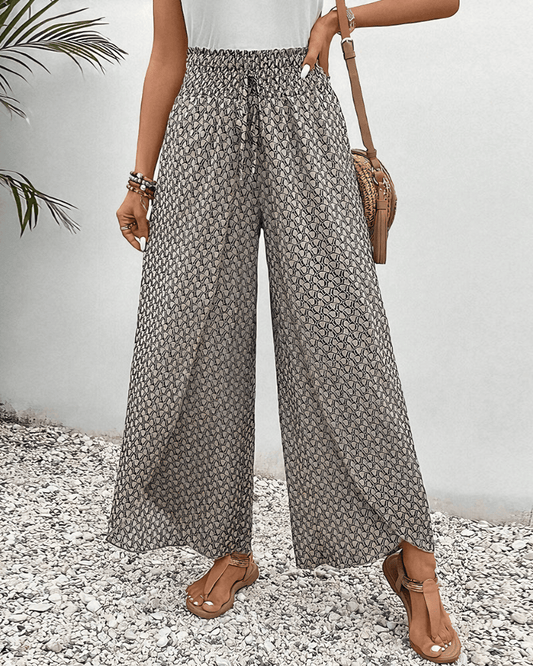 Women's Wide-Leg Trousers – High Waist Elastic Fit – Lightweight Flowy Fabric – Patterned Design