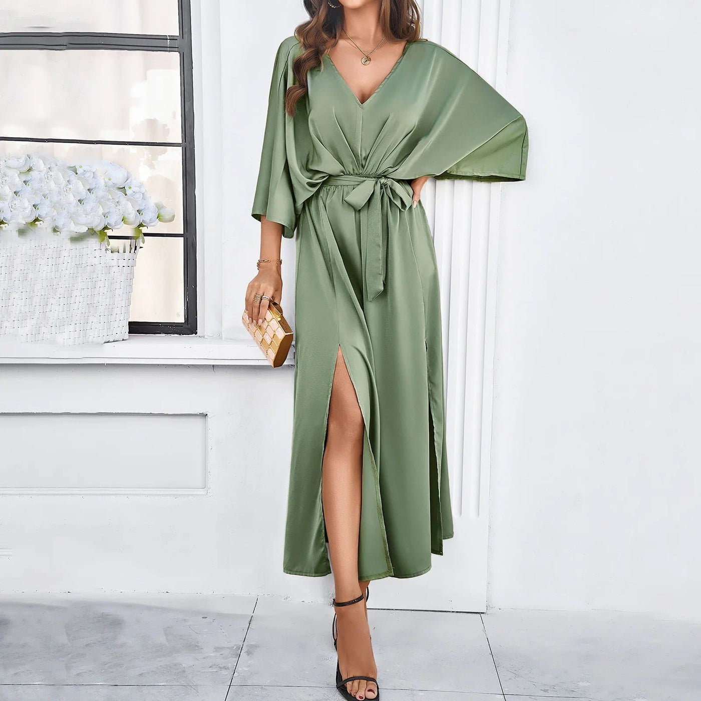 Women's Maxi Dress - V-Neck - Batwing Sleeve - Waist Tie - High Side Slit - Flowy Fabric