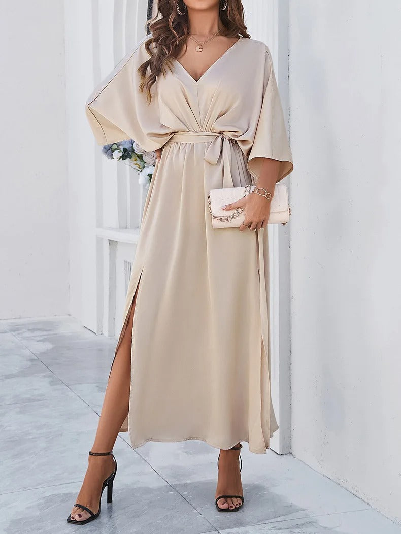 Women's Maxi Dress - V-Neck - Batwing Sleeve - Waist Tie - High Side Slit - Flowy Fabric