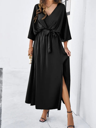 Women's Maxi Dress - V-Neck - Batwing Sleeve - Waist Tie - High Side Slit - Flowy Fabric