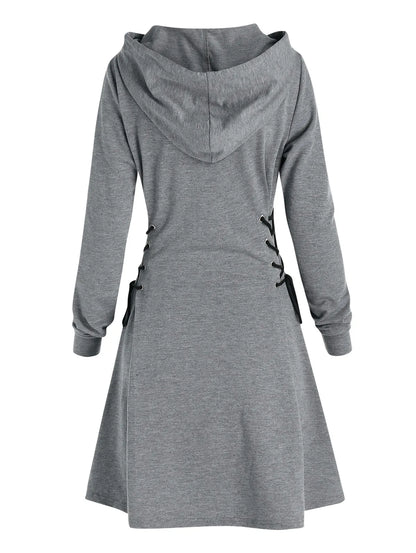 Women's Hooded Mini Dress - A-Line Fit - Lace-Up Sides - Long Sleeve Casual Wear