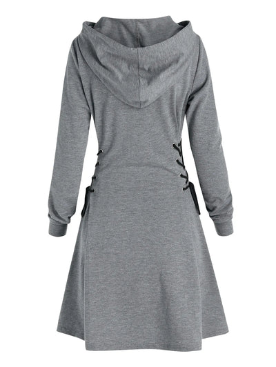 Women's Hooded Mini Dress - A-Line Fit - Lace-Up Sides - Long Sleeve Casual Wear