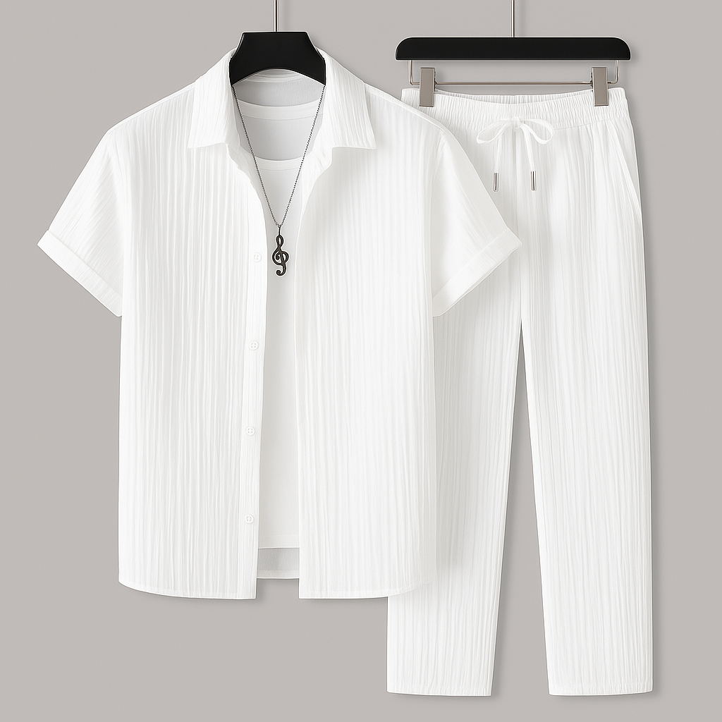 Men’s Two-Piece Set – Natural Fibers – Relaxed Fit – Short Sleeve Shirt – Drawstring Trousers