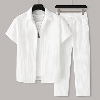 Men’s Two-Piece Set – Natural Fibers – Relaxed Fit – Short Sleeve Shirt – Drawstring Trousers