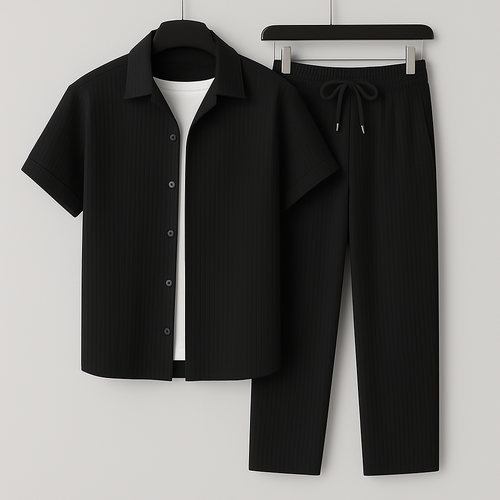 Men’s Two-Piece Set – Natural Fibers – Relaxed Fit – Short Sleeve Shirt – Drawstring Trousers